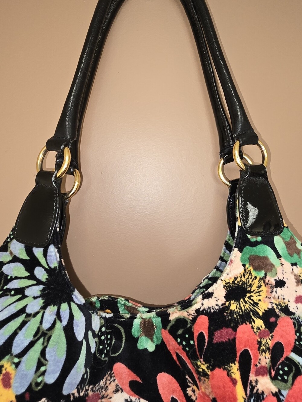 Talbots Floral Velvet Hobo Bag Black Gold Hardware - Picture 7 of 15